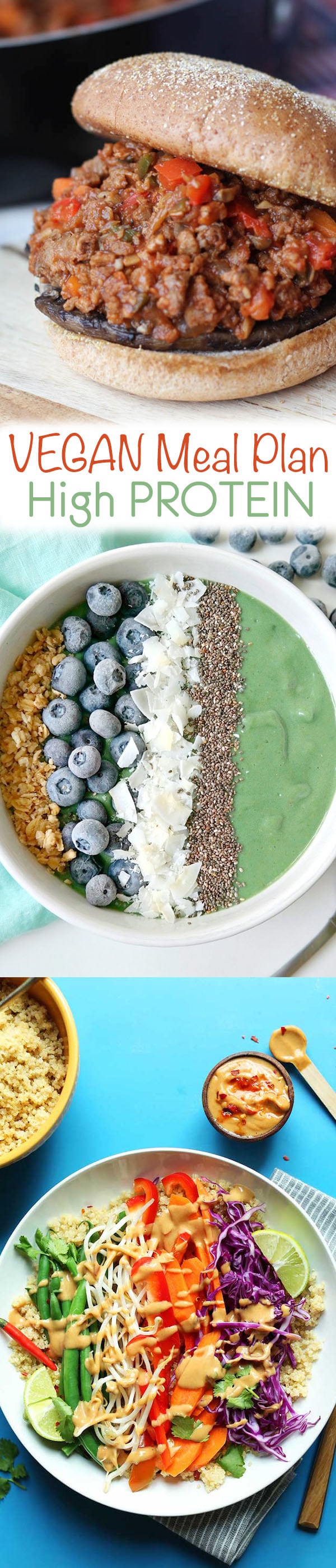 A green smoothie bowl with chia seeds, coconut, and blurberries.