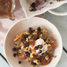 This Wild Blueberry Bagel Bread Pudding with Whiskey Date Caramel is a perfect dairy free dessert for Canada Day featuring local Canadian ingredients.