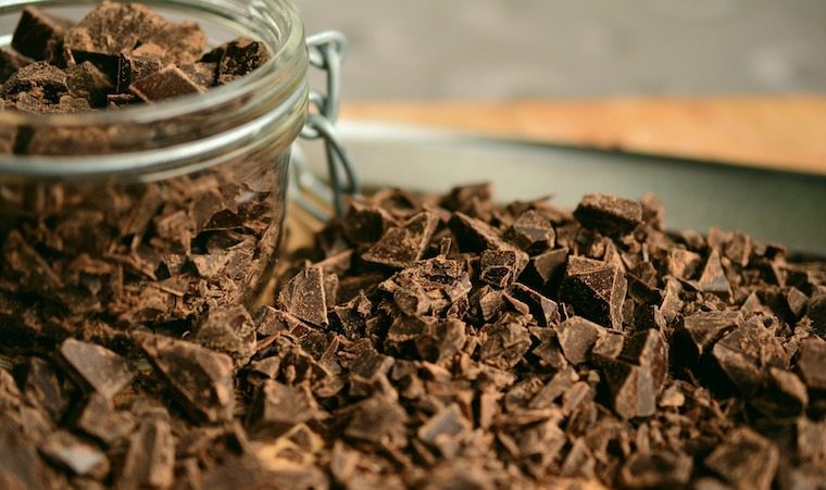 Close up of chopped dark chocolate.