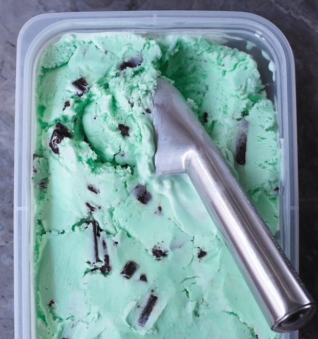 Chocolate mint nice cream with an ice cream scooper. 