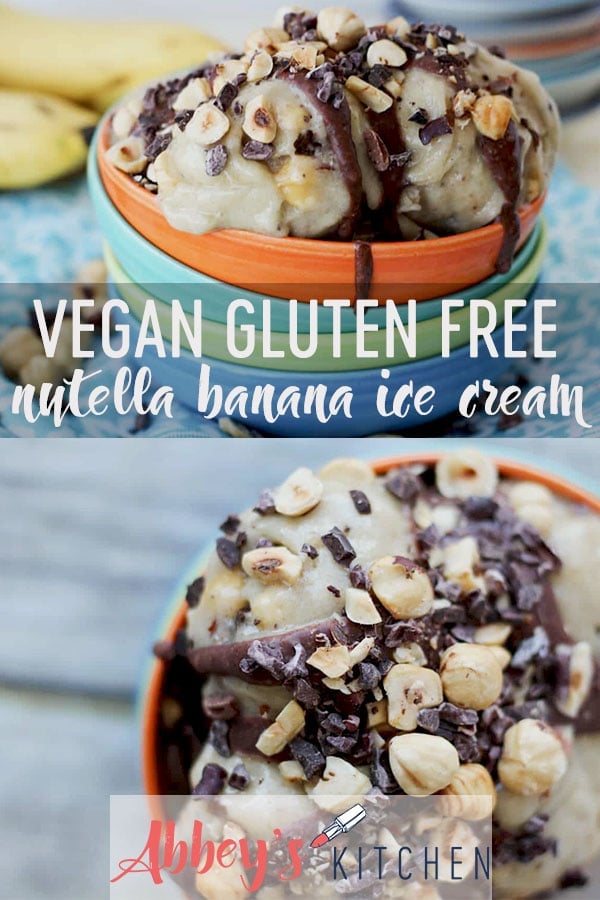 pinterest image of vegan and gluten free banana nutella ice cream topped with chopped hazelnuts with text overlay