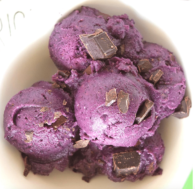 purple nice cream topped with chocolate