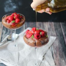 This vegan olive oil chocolate mousse with macerated berries is the perfect healthy dessert to celebrate the Summer's best fruit.