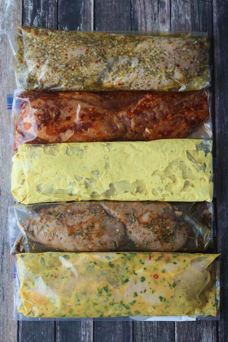 birds eye view of mediterranean, curry, mango, chipotle, and balsamic flavoured marinades for chicken breasts 