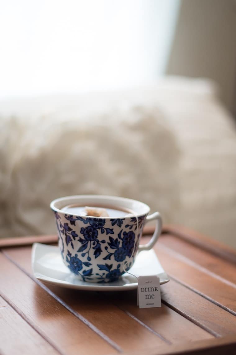 mug of tea on a wooden table for anti anxiety diet