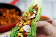 These Healthy Chorizo and Sweet Potato Lettuce Wrap Tacos are packed with flavour and topped with avocado, mango and radishes. #lowcarb #chorizo #highprotein #lettucewrap #tacos #sweetpotato #healthydinner