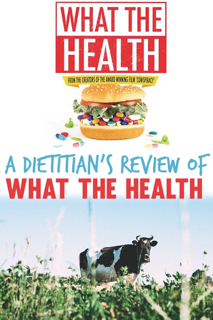 Pinterest image of a What the Health movie poster and a cattle with the overlay text \"A Dietitian\'s Review of What The Health.\"