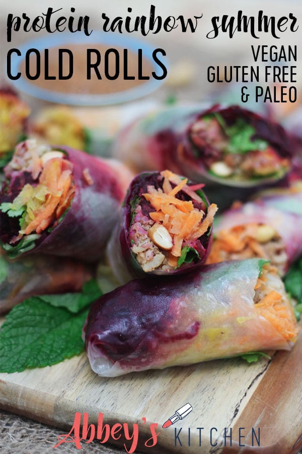 easy protein rainbow summer cold rolls #paleofriendly #vegan #plantbased #summer #coldrolls #appetizer #glutenfreefood #veganappetizer #nobake #easyrecipe