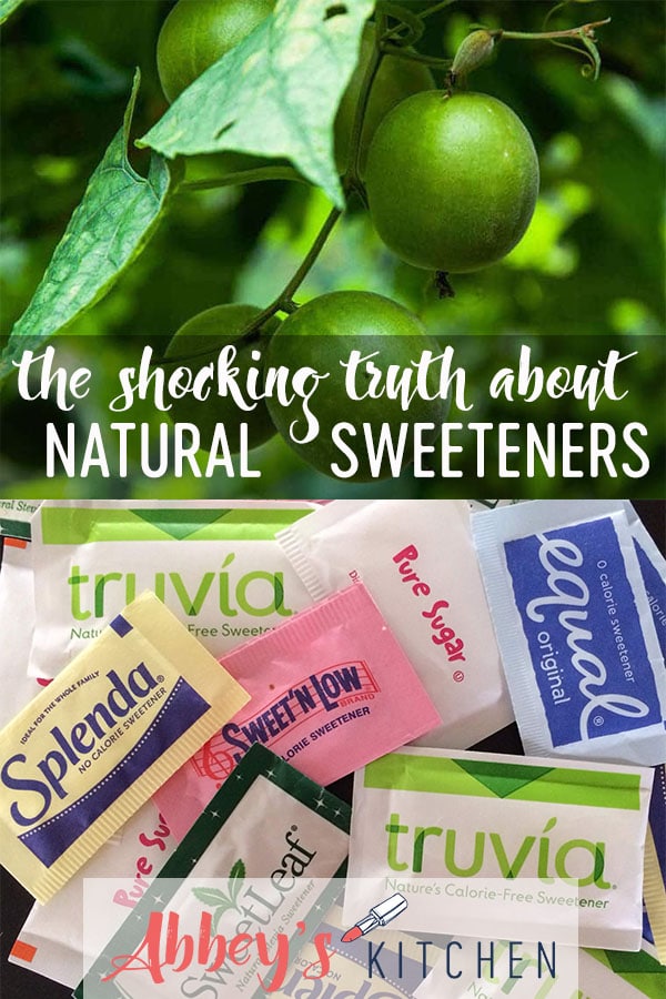 pinterest image of Monk fruit plant and artificial sweetener packets with text overlay