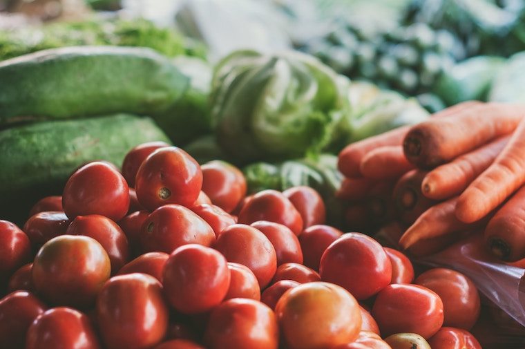 Fresh fruit and vegetables on display.