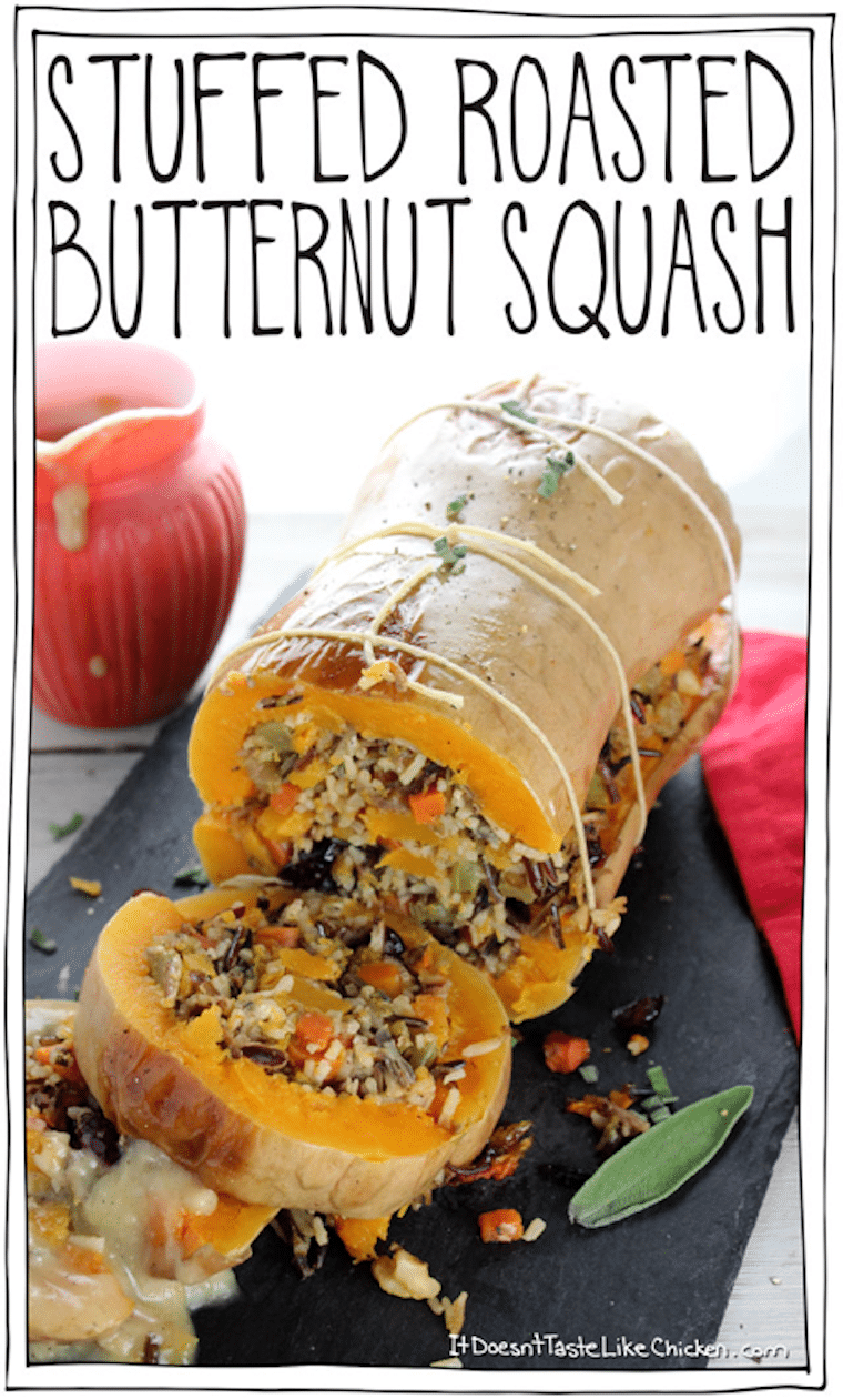 Stuffed butternut squash entree with text overlay.