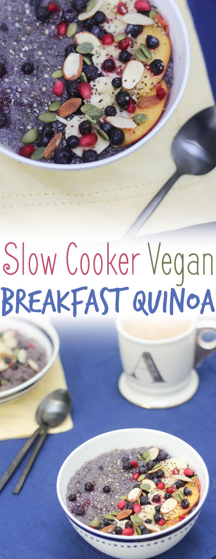 A pinterest image of blueberry quinoa with the text overlay \"Slow Cooker Vegan Breakfast Quinoa.\"