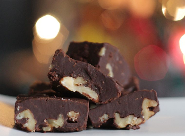 Chocolate squares with nuts. 