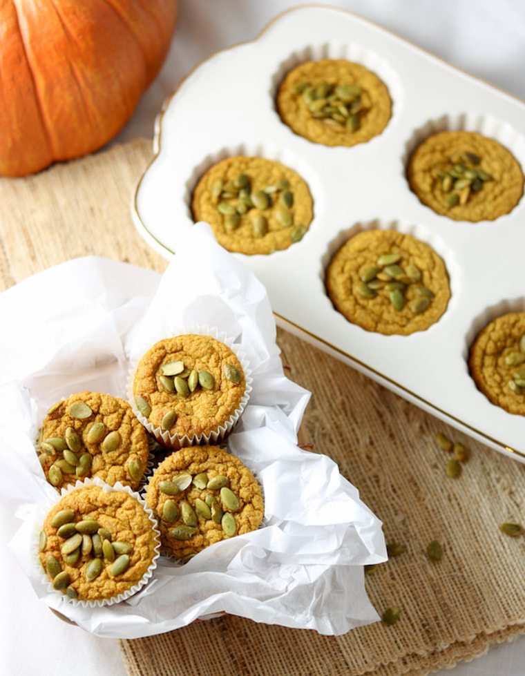 Mini muffins on a plate and muffin tins. 