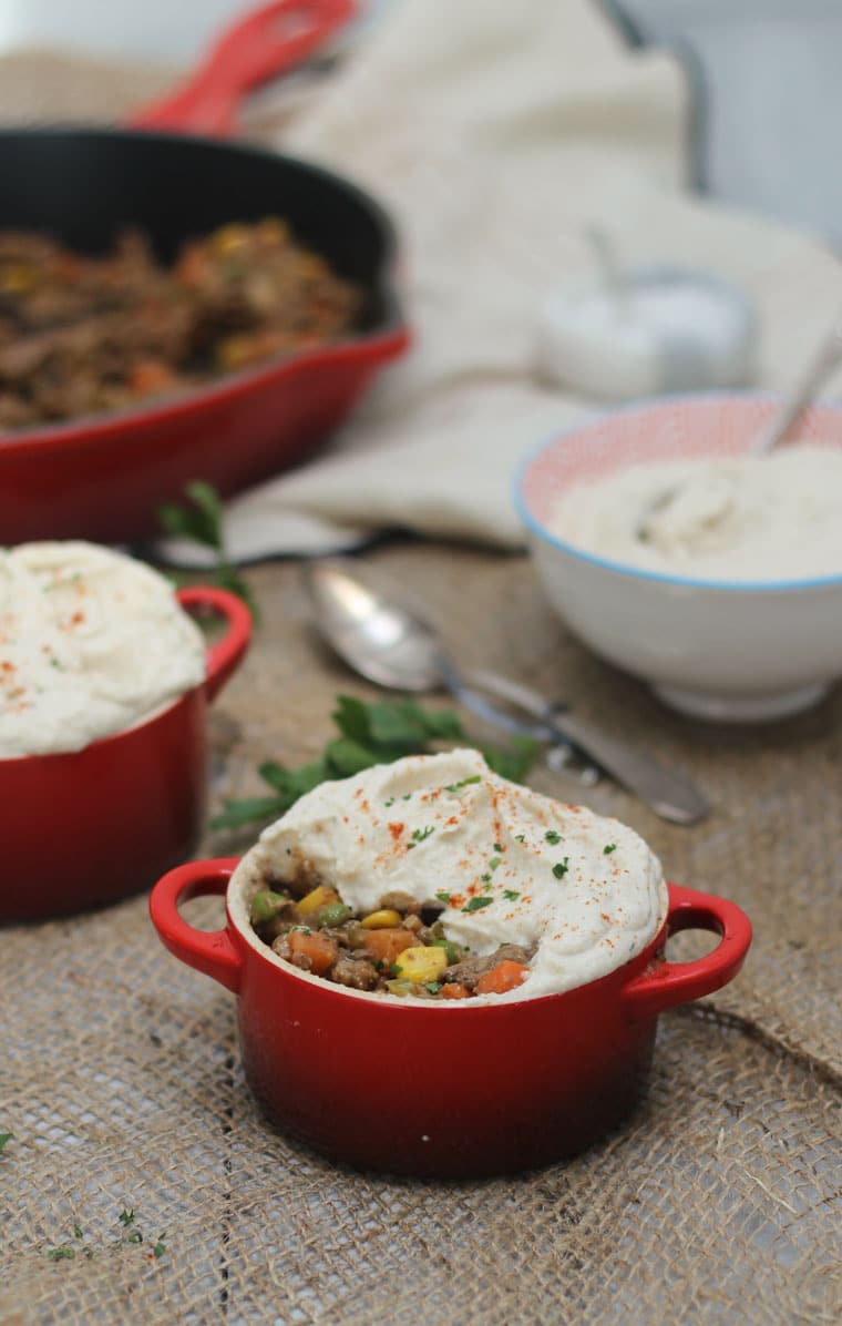 low carb shepherd's pies in red dishes