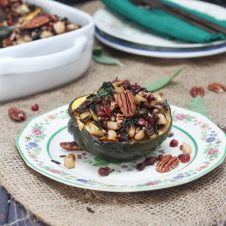 This Vegan Stuffed Acorn Squash with Wild Rice, Apples and Caramelized Onions recipe is a perfect gluten free, plant-based Thanksgiving recipe to impress the vegan friends and family in your life.