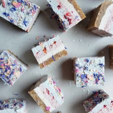 Overhead photo of colourful dessert bars.