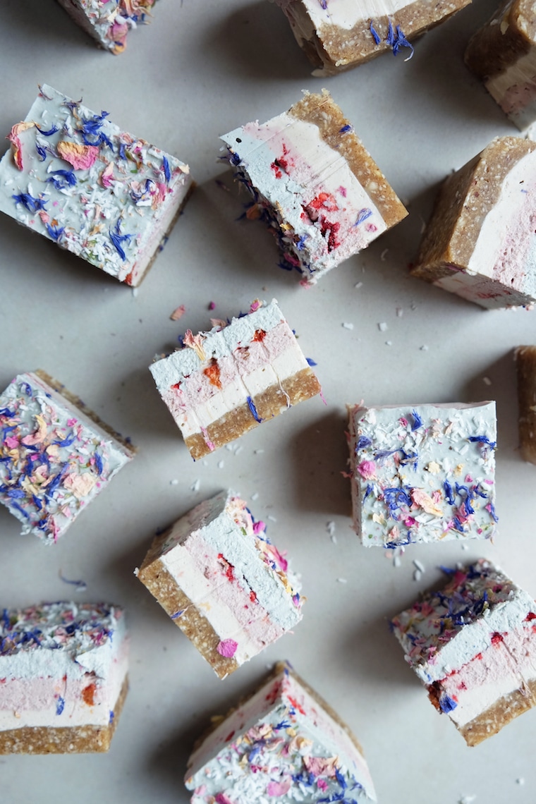 Overhead photo of colourful dessert bars.