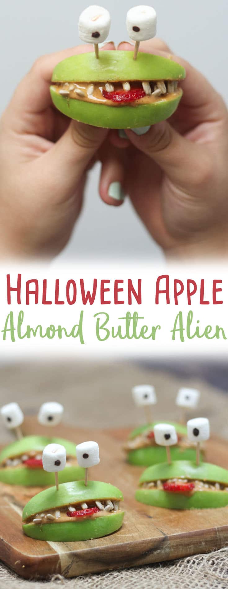Pinterest image of Halloween apple alien smiles with marshmallow eyes with the overlay text \"Halloween Apple Almond Butter Alien.\"