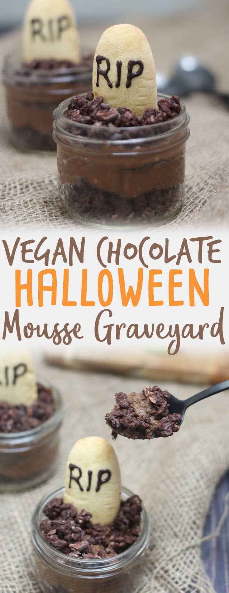 A pinterest image of Halloween graveyard mousse with an edible gravestone saying RIP in chocolate with the overlay text \"Vegan Chocolate Halloween Mousse Graveyard.\"