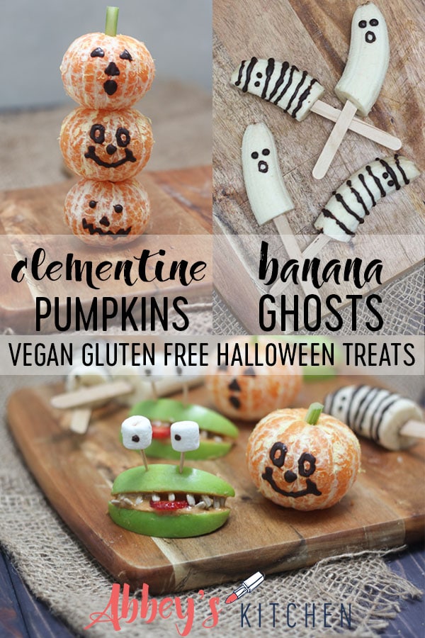 pinterest image of various vegan and gluten free halloween fruit treats with text overlay