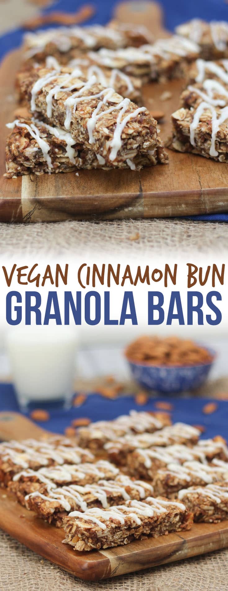 A pinterest image of multiple cinnamon bun granola bars on a brown cutting board with the text overlay \"Vegan Cinnamon Bun Granola Bars.\"