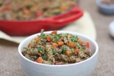 A white bowl of homemade vegan hamburger helper.