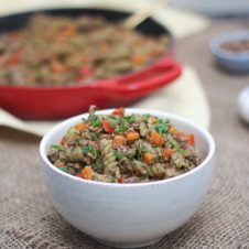 A white bowl of homemade vegan hamburger helper.