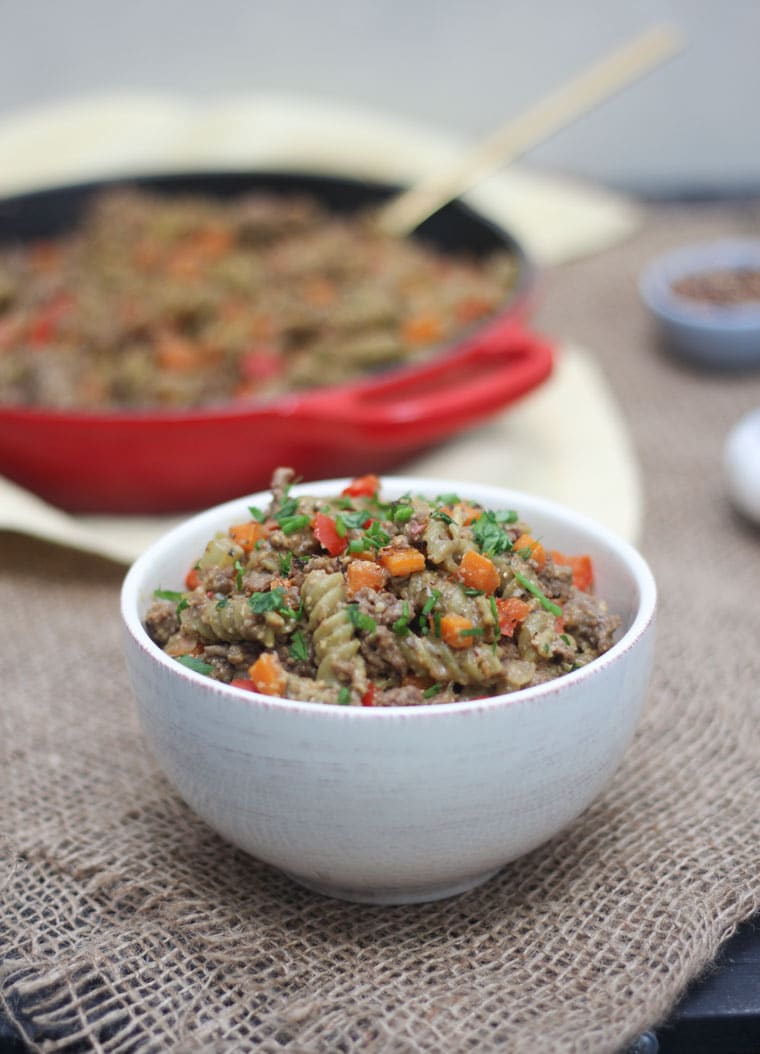 A white bowl of homemade vegan hamburger helper.