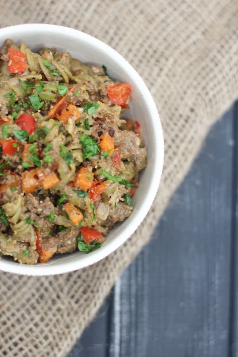 A close up of a bowl of healthy hamburger helper.