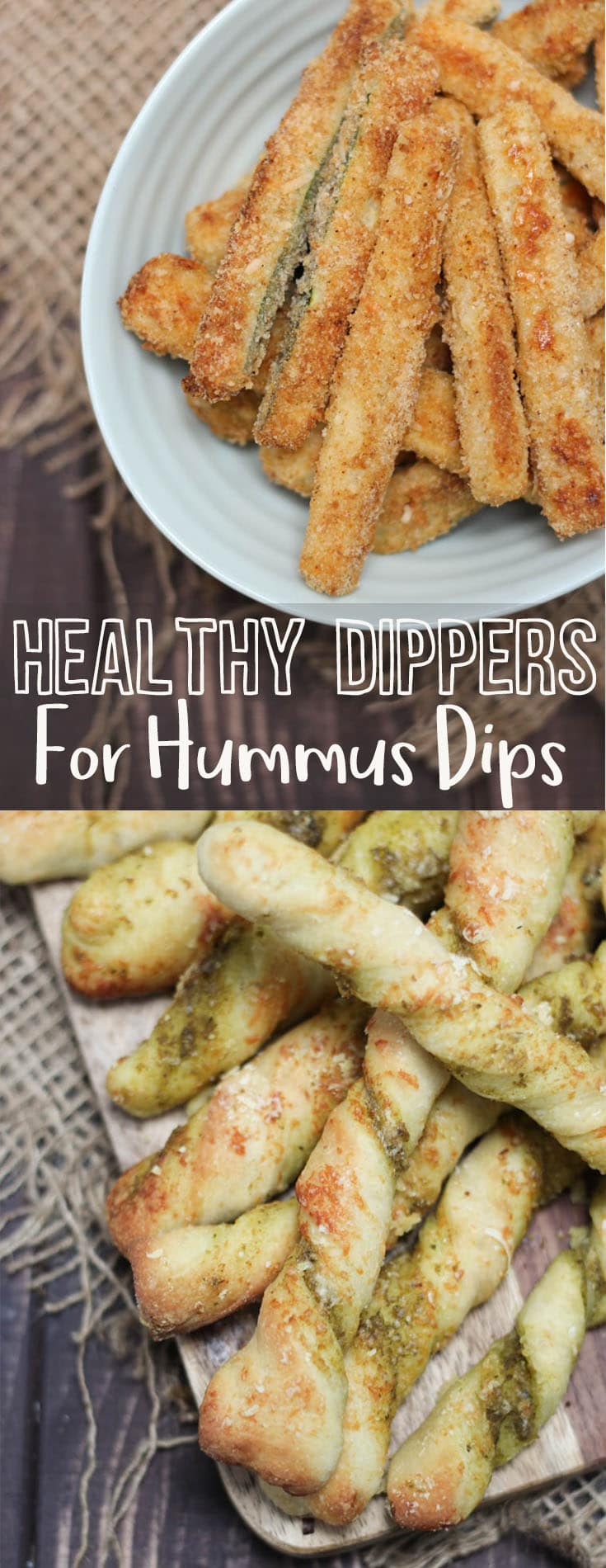 Pinterest image of zucchini fries and pesto pizza dippers with overlay text \"Healthy Dippers For Hummus Dips.\"