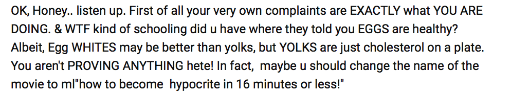 Screenshot image of text referring to food shaming of egg yolks.