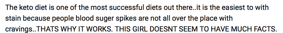 Screenshot image of text referring to success of keto diet.