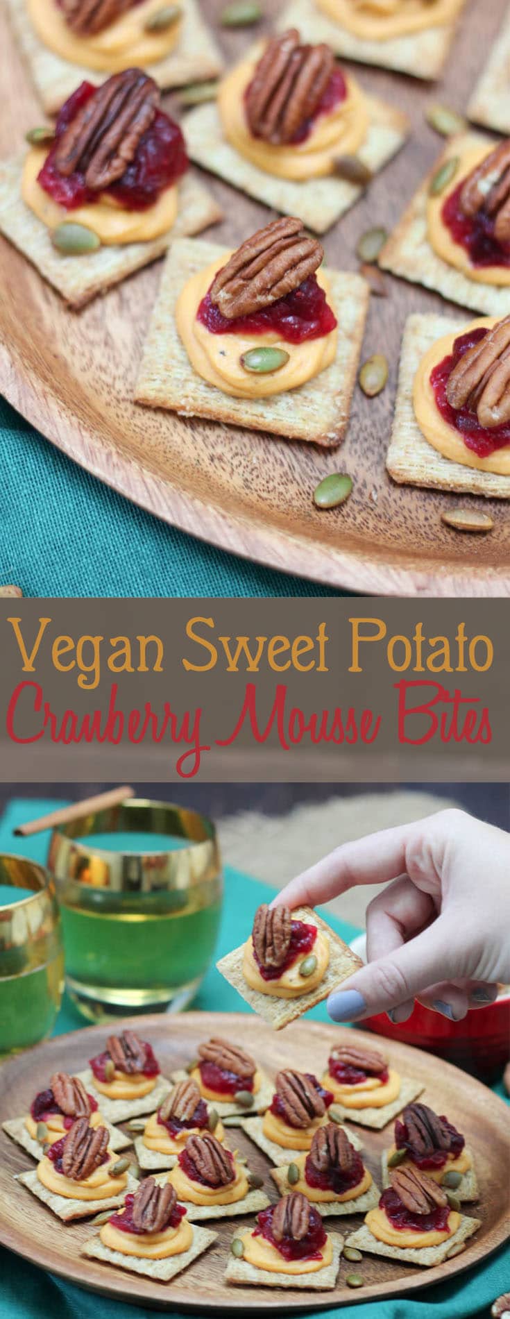 A pinterest image of a plate of sweet potato bites with the text overlay \"Vegan Sweet Potato Cranberry Mousse Bites.\"