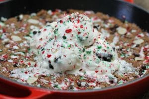 This Vegan Candy Cane Skillet Cookie is the perfect plant-based gluten free holiday dessert for entertaining friends and family this Christmas!