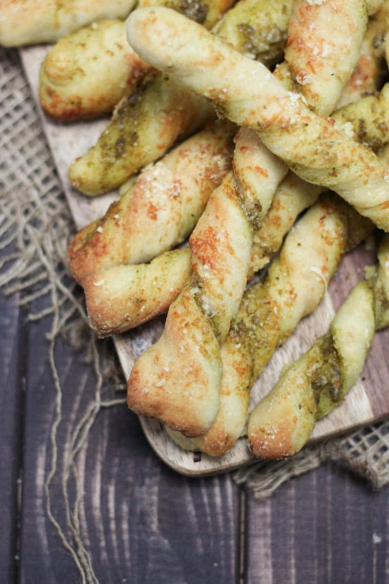 Close up of pesto pizza twists.