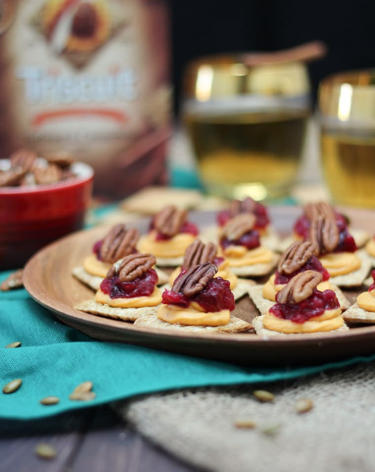 A close up of a plate with sweet potato with cranberry mousse bites.