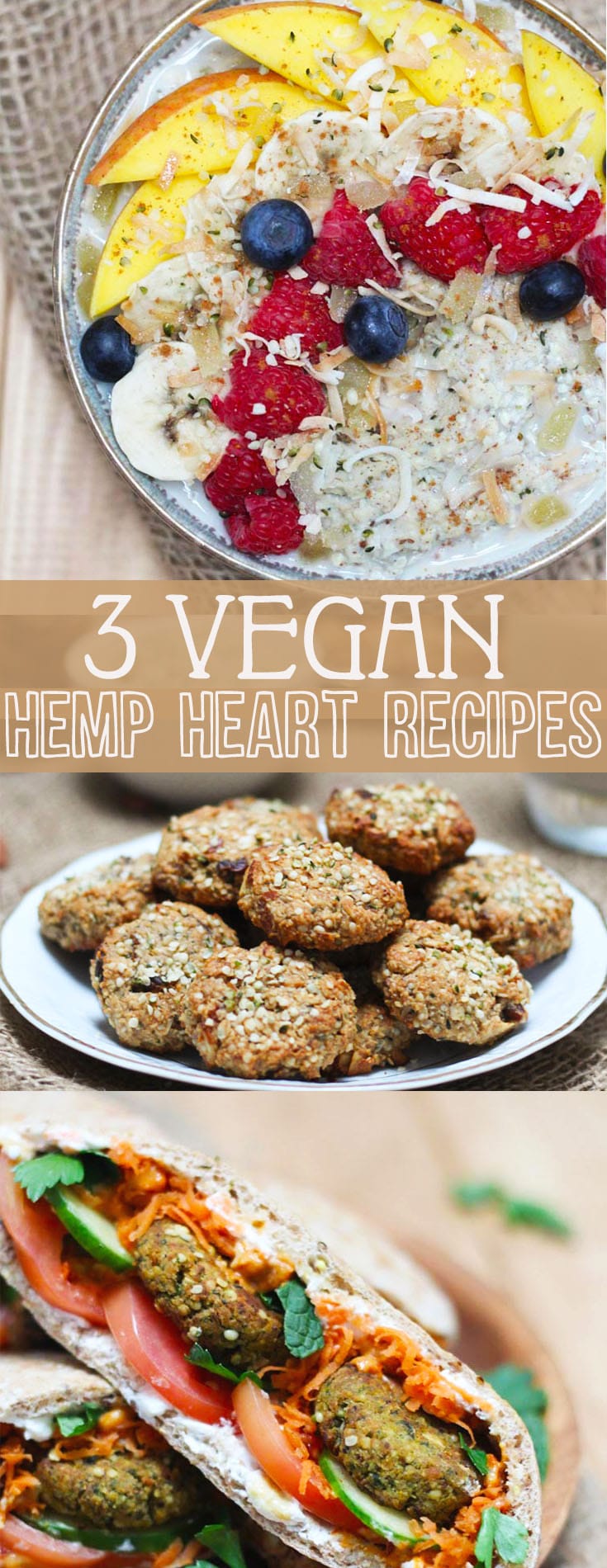 A pinterest image of no oats porridge and a plate of breakfast cookies with the text overlay \"3 VEGAN HEMP HEART RECIPES.\"