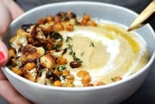 Check out my Healthy Vegan Roasted Cauliflower, Parsnip and Chickpea Soup for a healthy weeknight meal. #abbeyskitchen #vegansoup #roastedveggies