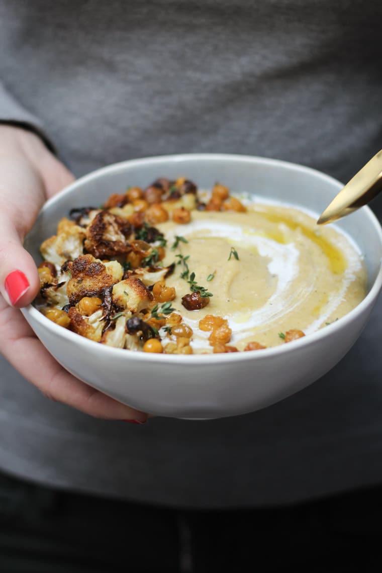 Vegan Cauliflower Soup with Roasted Chickpeas and Parsnips