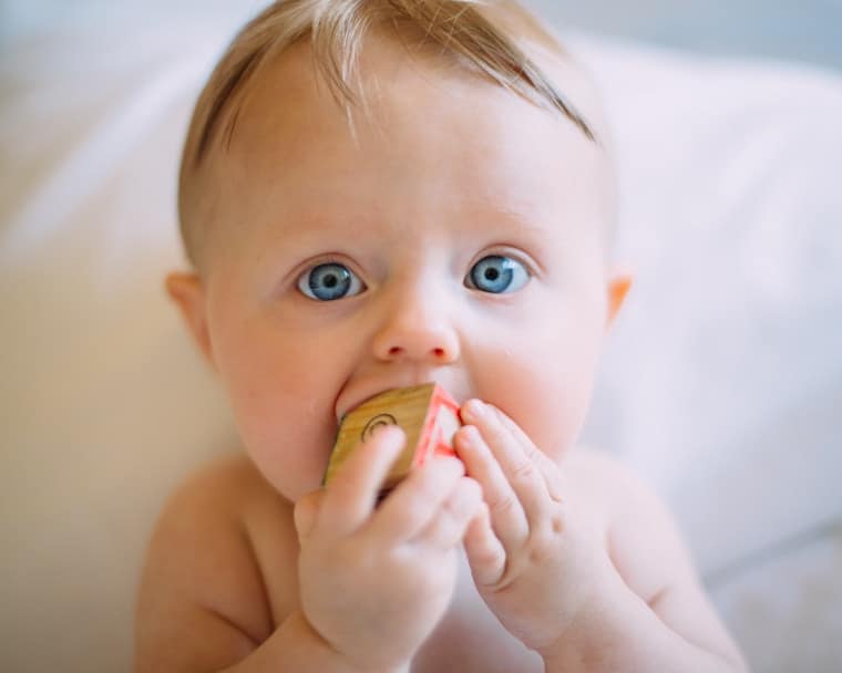 A baby with a block in his mouth.