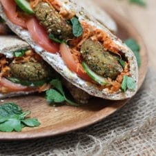 A pita sandwich with hemp heart falafels inside.