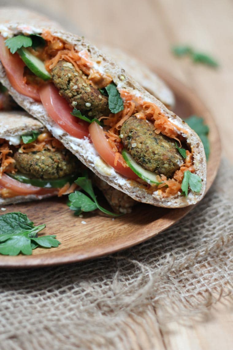 A pita sandwich with hemp heart falafels inside.