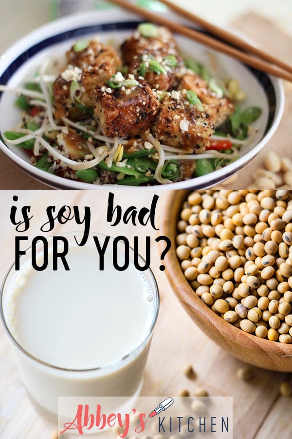 pinterest image of Crispy tofu in a bowl and soy milk in a glass with text overlay. 