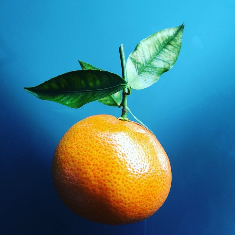 Orange with a stem and leaf.