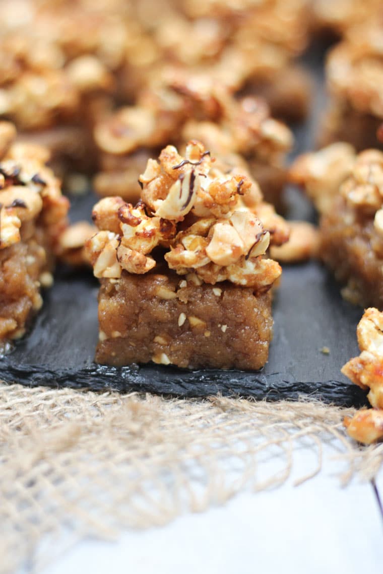 Close up of a peanut butter blondie.