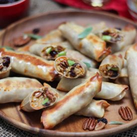 These sweet potato risotto baked spring rolls make the perfect vegan and gluten free holiday appetizer for entertaining guests with intolerances!