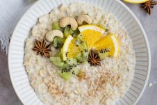 Overheat image of porridge with fruit on top."