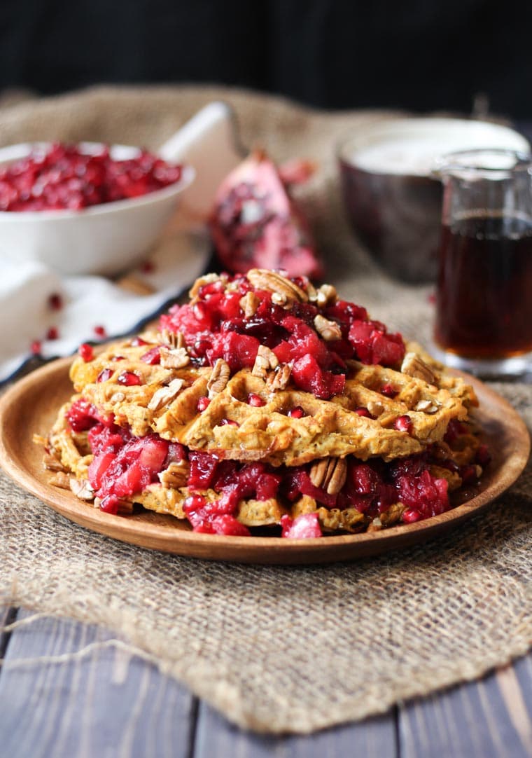 sweet potato waffle on a wooden plate.