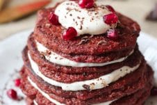 These Vegan Red Velvet Protein Pancakes with natural beet food coloring from beets is the perfect romantic gluten free, healthy Valentines Day brunch recipe to share with your sweetheart or family!